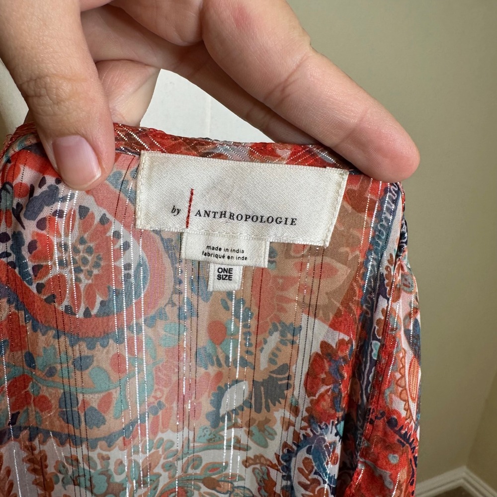 By Anthropologie Paisley Maxi Kimono Duster Metallic Sheer Red Blue One Size - Picture 7 of 9